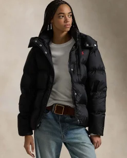 Piumino nero Polo Ralph Lauren con imbottitura in piuma naturale e cappuccio removibile