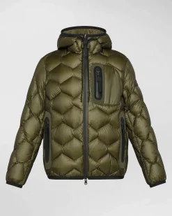 Piumino Peuterey verde militare in nylon ripstop con cappuccio e trapuntatura geometrica imbottita in piuma