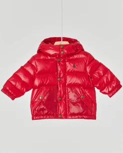 Piumino Polo Ralph Lauren rosso con cappuccio staccabile e doppia chiusura zip e bottoni