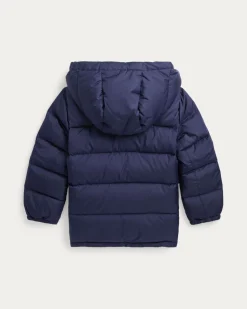 Piumino Polo Ralph Lauren blu con cappuccio staccabile e logo pony rosso