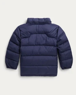 Piumino Polo Ralph Lauren blu con cappuccio staccabile e logo pony rosso