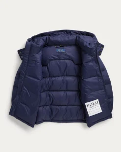 Piumino Polo Ralph Lauren blu con cappuccio staccabile e logo pony rosso