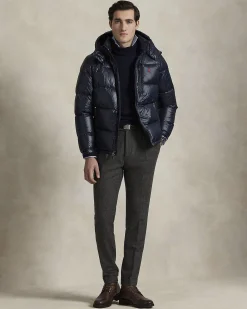 Piumino Polo Ralph Lauren blu in nylon lucido con cappuccio staccabile