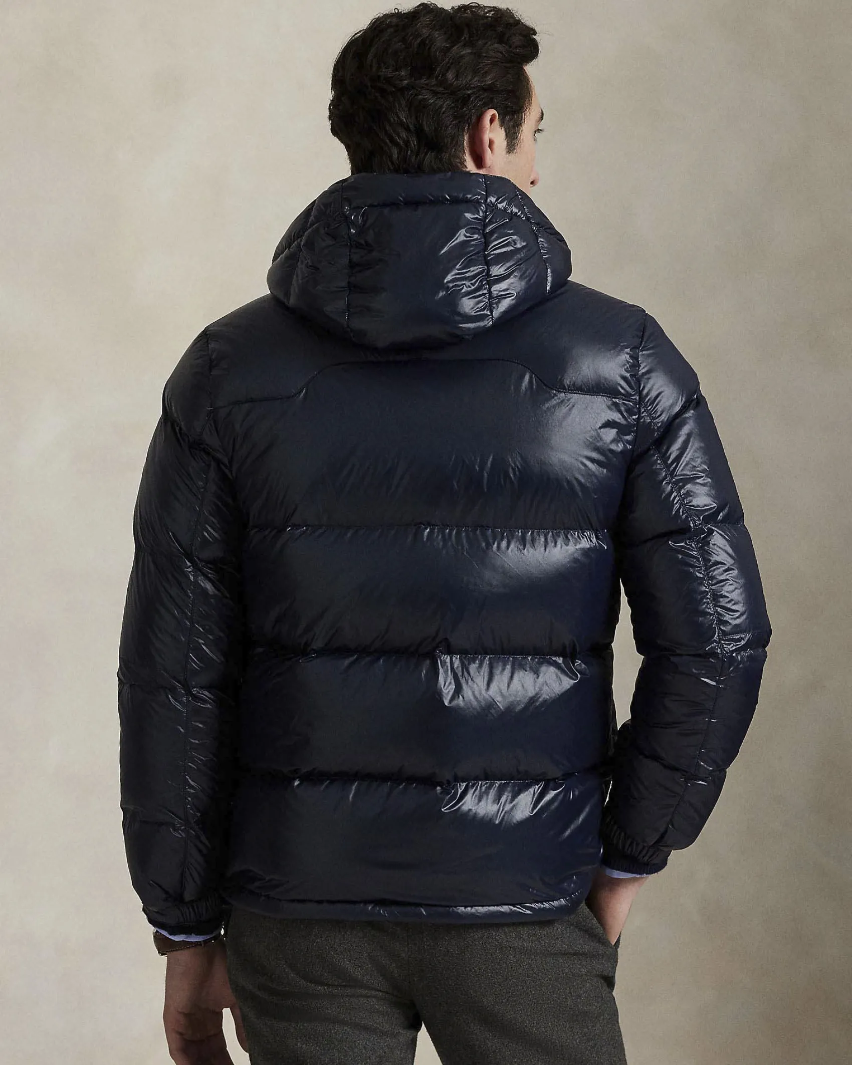 Piumino Polo Ralph Lauren blu in nylon lucido con cappuccio staccabile
