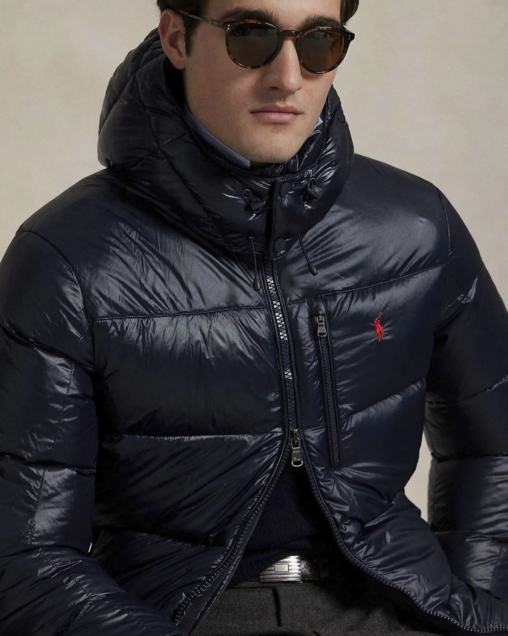 Piumino Polo Ralph Lauren blu in nylon lucido con cappuccio staccabile