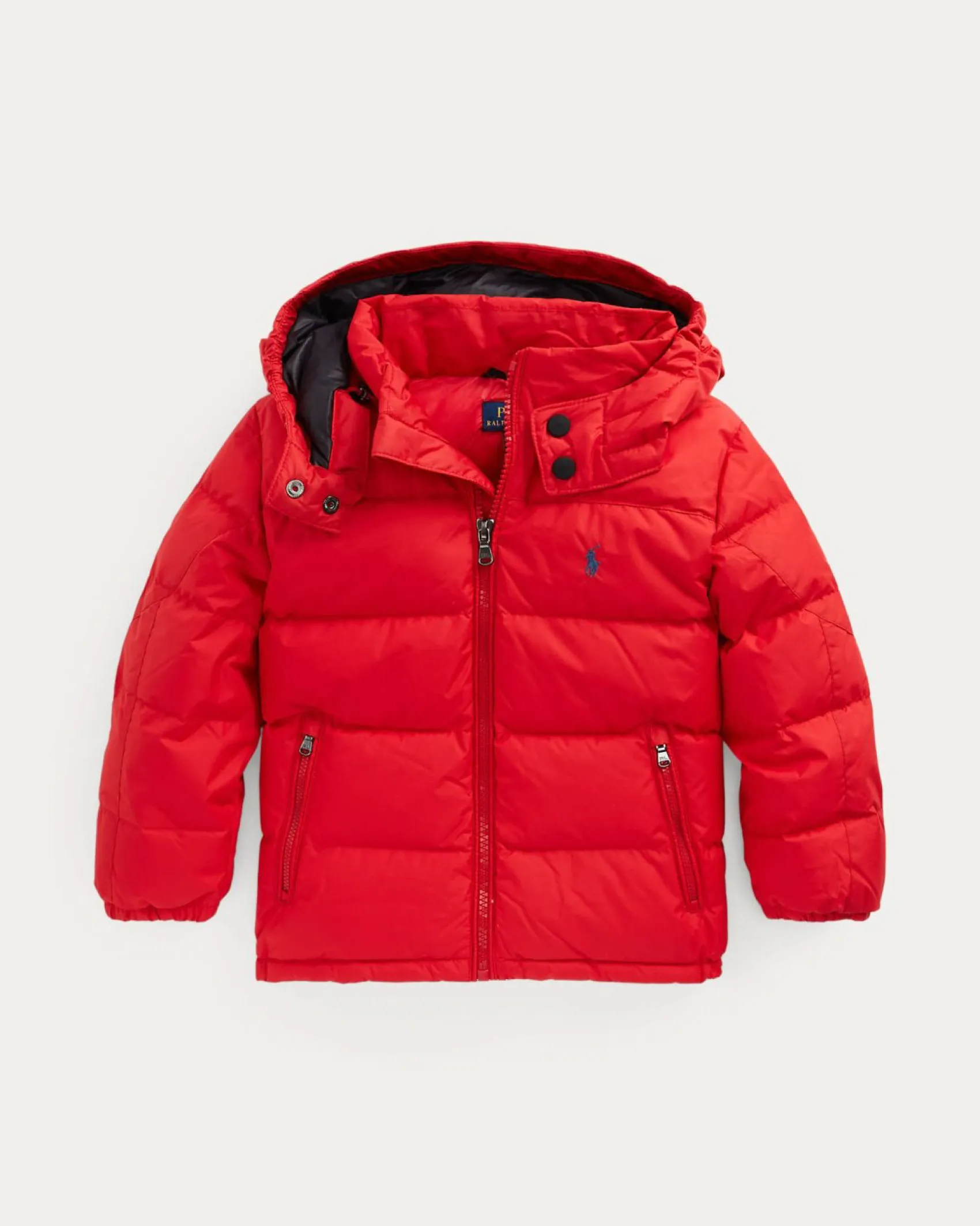 Piumino Ralph Lauren rosso con cappuccio staccabile e logo pony blu