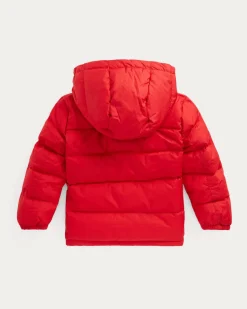 Piumino Ralph Lauren rosso con cappuccio staccabile e logo pony blu