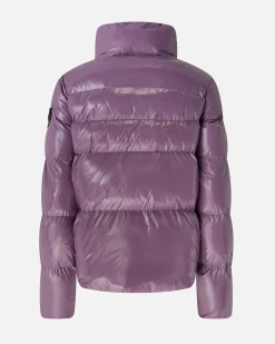 Piumino viola Pinko crystal nylon dal finishing lucido con colletto in piedi