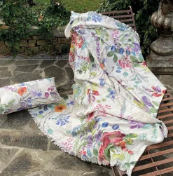 Plaid Polinesia in cotone color crema con stampa fiori tropicali multicolor