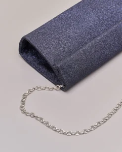 Pochette a base rigida in tessuto effetto glitter blu con piccola patta