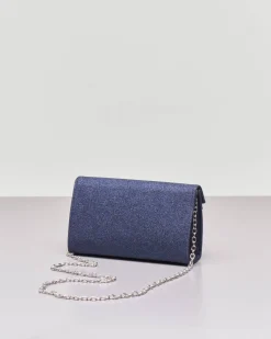 Pochette a base rigida in tessuto effetto glitter blu con piccola patta