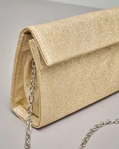 Pochette a base rigida in tessuto effetto glitter argento con piccola patta