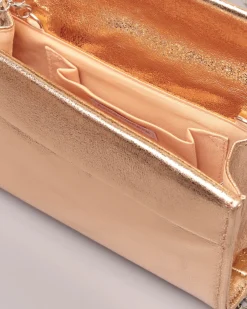 Pochette a base rigida in tessuto effetto glitter color rame con piccola patta