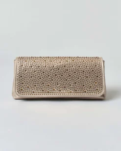 Pochette a busta Anna Cecere color oro con strass tono su tono applicati sulla patta di chiusura
