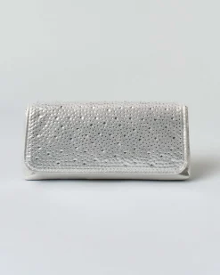 Pochette a busta Anna Cecere color argento in tessuto effetto raso goffrato con patta di chiusura