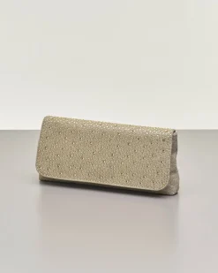 Pochette a busta color oro in lurex con strass tono su tono applicati sulla patta di chiusura