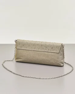 Pochette a busta color oro in lurex con strass tono su tono applicati sulla patta di chiusura