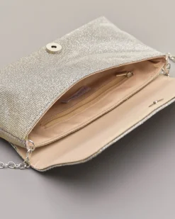 Pochette a busta color peltro in lurex con strass tono su tono applicati sulla patta di chiusura