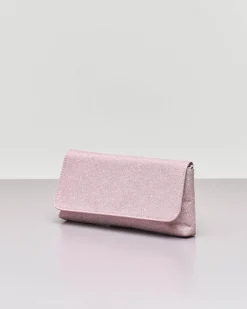Pochette a busta in tessuto glitter rosa con patta e tracolla a catena removibile