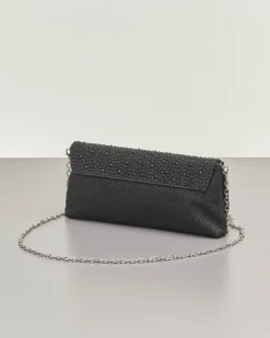 Pochette a busta nera in lurex con strass tono su tono applicati sulla patta di chiusura