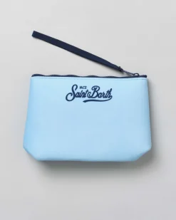 Pochette Aline azzurra in tessuto effetto lana con stampa grafica Cortina
