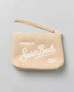 Pochette Aline beige in tessuto a effetto lana con logo bianco ricamato fronte e retro