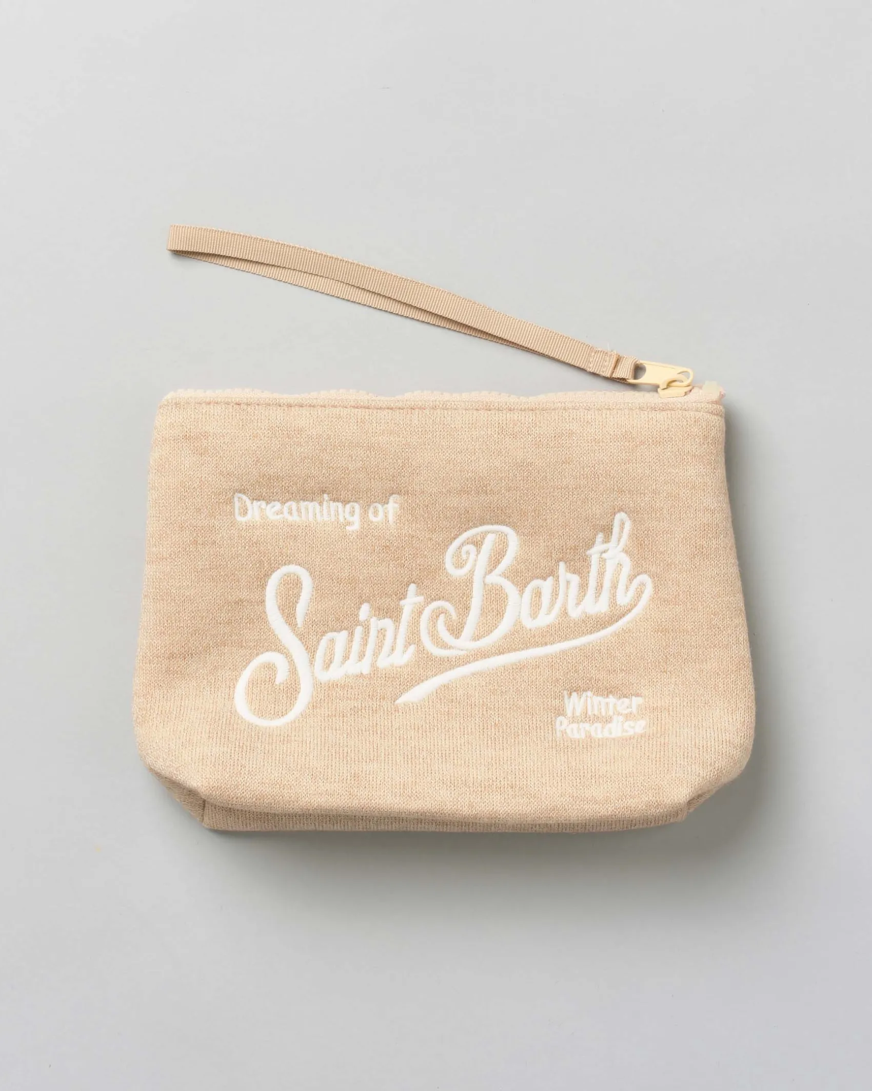 Pochette Aline beige in tessuto a effetto lana con logo bianco ricamato fronte e retro