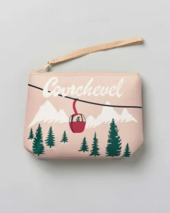Pochette Aline beige in tessuto effetto lana con stampa grafica seggiovia Courchevel