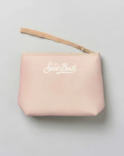 Pochette Aline beige in tessuto effetto lana con stampa grafica seggiovia Courchevel