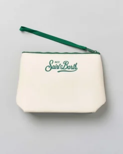 Pochette Aline bianca in tessuto effetto lana con scritta e grafica Courmayeur