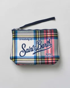 Pochette Aline bianca in tessuto a effetto lana tartan check con logo blu stampato fronte e retro