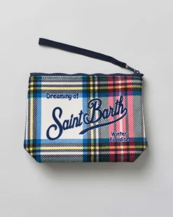 Pochette Aline bianca in tessuto a effetto lana tartan check con logo blu stampato fronte e retro