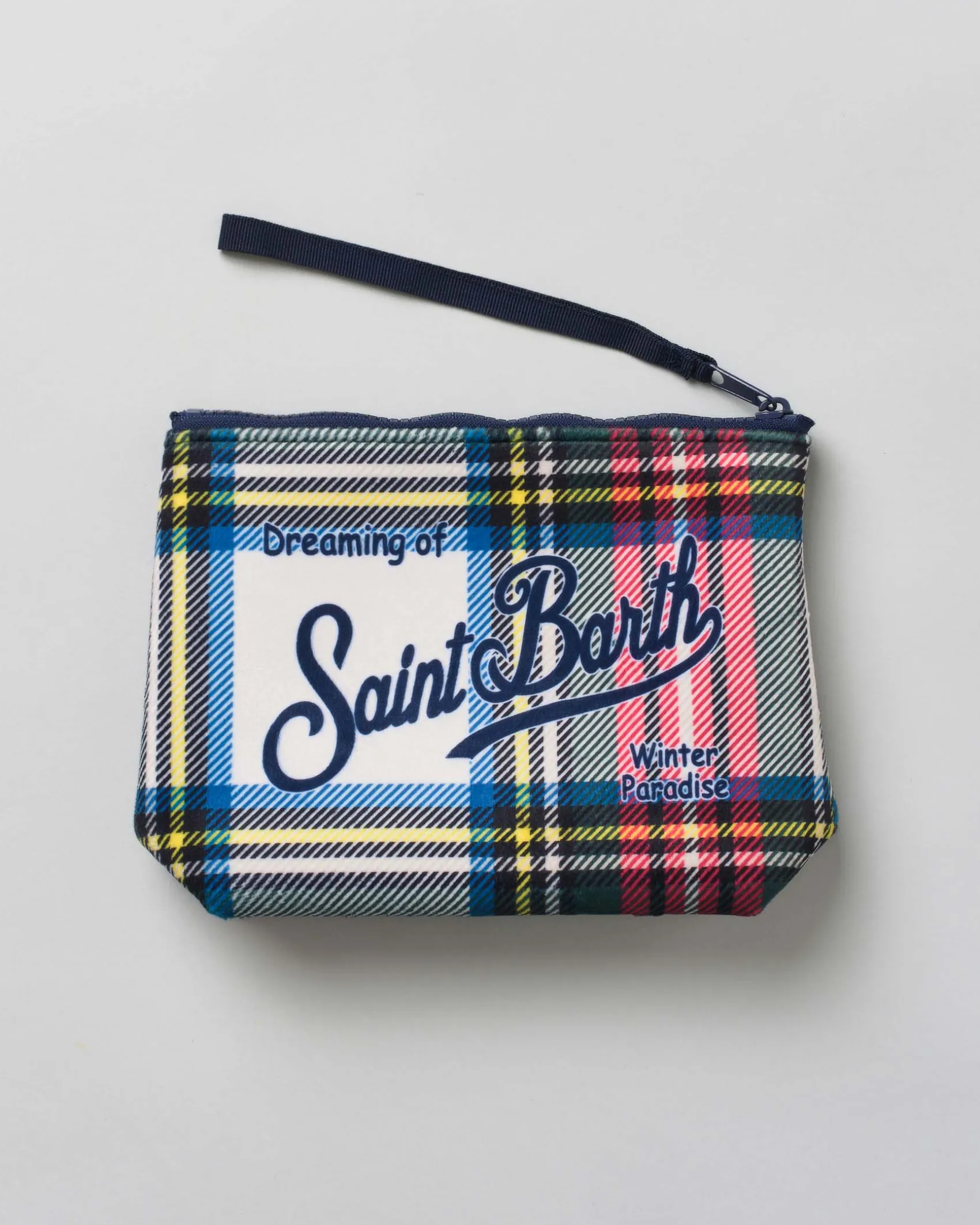 Pochette Aline bianca in tessuto a effetto lana tartan check con logo blu stampato fronte e retro