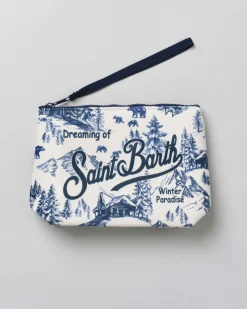 Pochette Aline bianca in tessuto effetto lana a fantasia paesaggio montano con logo blu