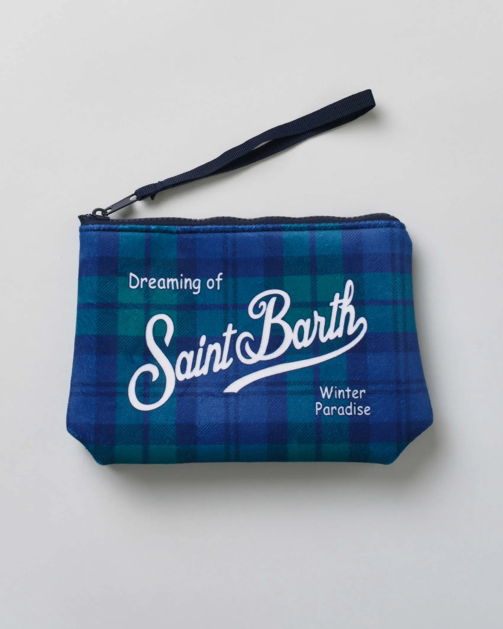 Pochette Aline blu e verde in tessuto a effetto lana tartan check con logo bianco stampato fronte e retro