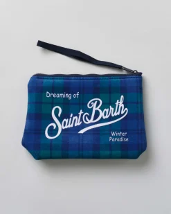 Pochette Aline blu e verde in tessuto a effetto lana tartan check con logo bianco stampato fronte e retro