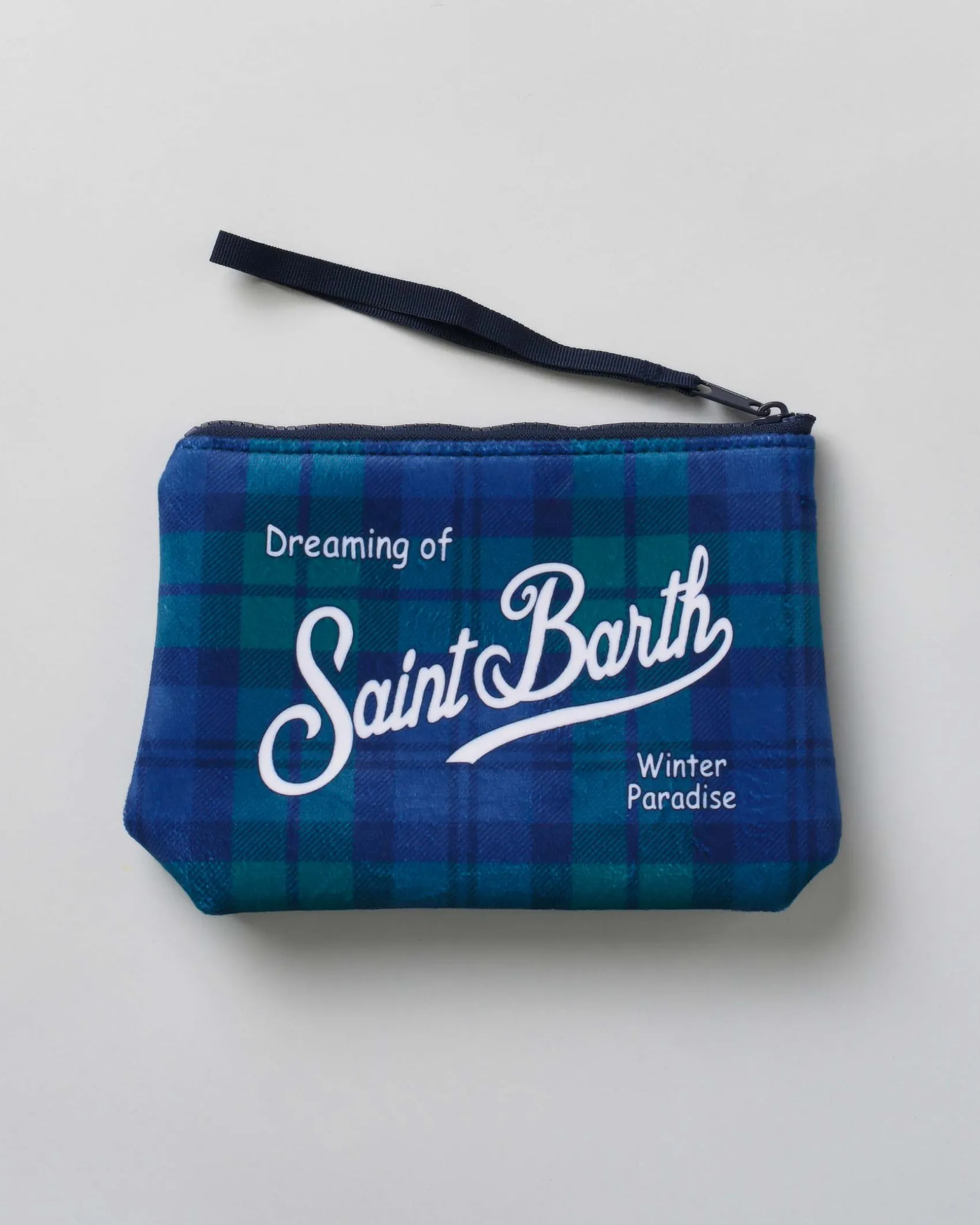 Pochette Aline blu e verde in tessuto a effetto lana tartan check con logo bianco stampato fronte e retro