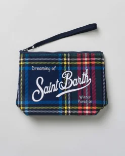 Pochette Aline blu in tessuto a effetto lana tartan check con logo bianco stampato fronte e retro