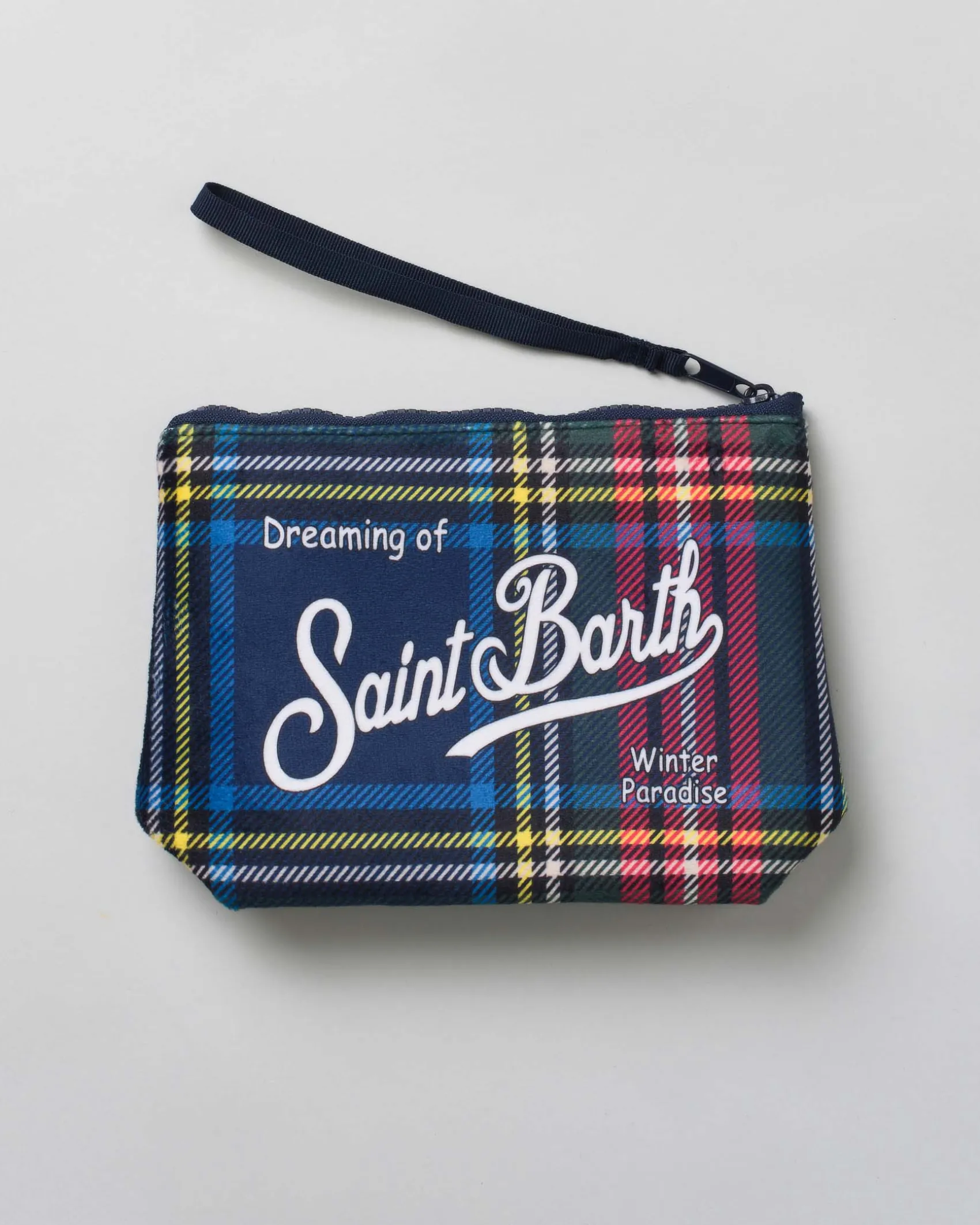 Pochette Aline blu in tessuto a effetto lana tartan check con logo bianco stampato fronte e retro