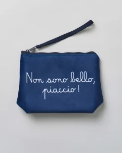 Pochette Aline blu in tessuto effetto lana con scritta Non Sono Bello, Piaccio!