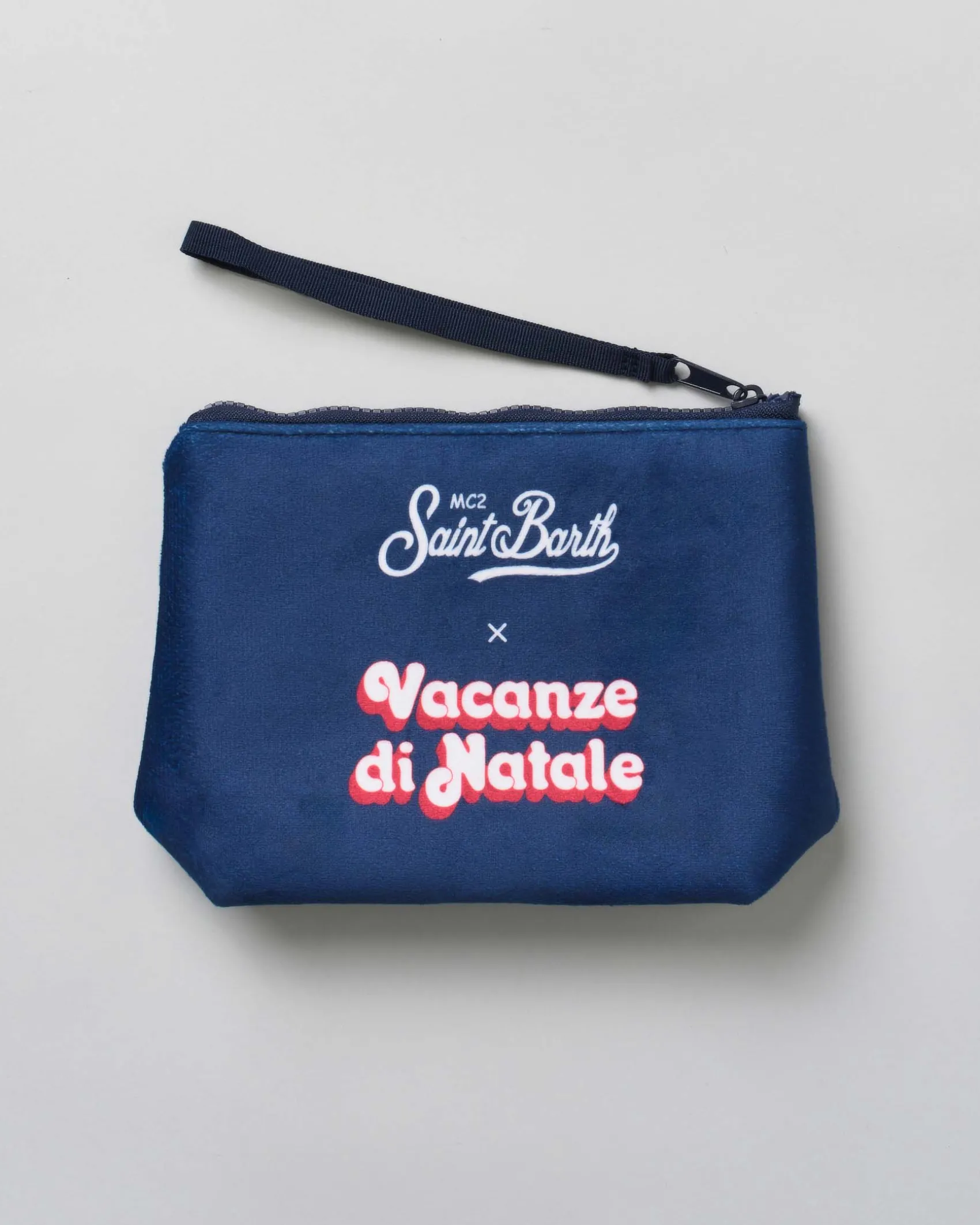 Pochette Aline blu in tessuto effetto lana con scritta Non Sono Bello, Piaccio!
