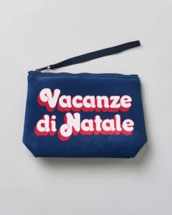 Pochette Aline blu in tessuto effetto lana con scritta Vacanze di Natale