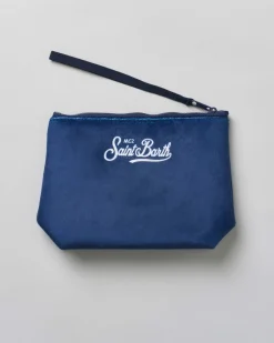 Pochette Aline blu in tessuto effetto lana con scritta Vacanze di Natale