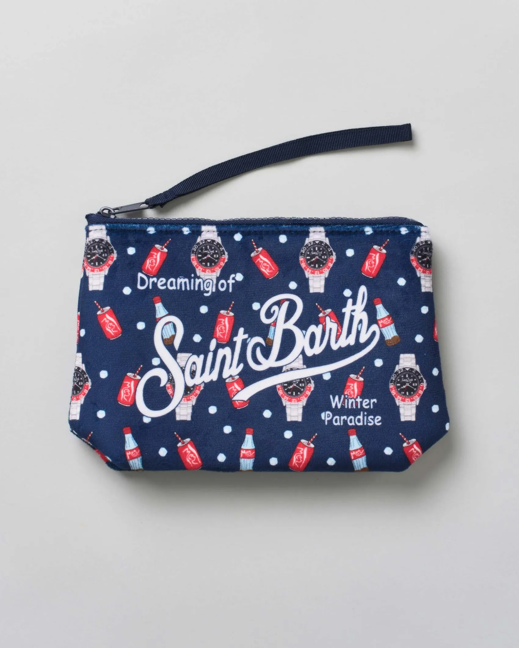 Pochette Aline blu in tessuto effetto lana con stampa orologi e cola