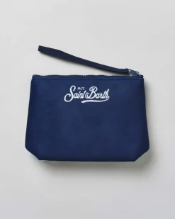 Pochette Aline blu in tessuto effetto lana con stampa grafica Courma