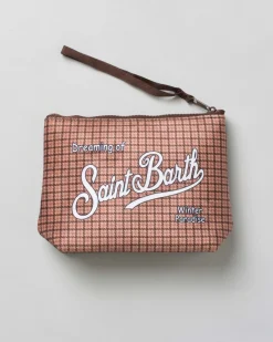 Pochette Aline color noce in tessuto a effetto lana a fantasia check e pied de poule con logo bianco stampato fronte e retro