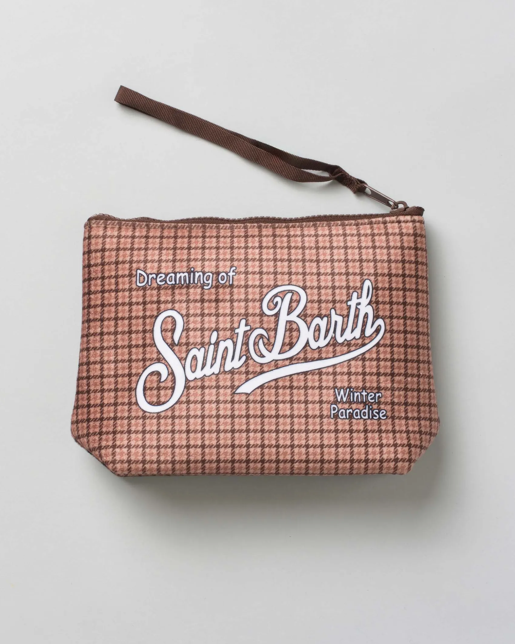 Pochette Aline color noce in tessuto a effetto lana a fantasia check e pied de poule con logo bianco stampato fronte e retro