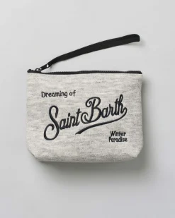Pochette Aline grigia in tessuto a effetto lana con logo nero ricamato fronte e retro