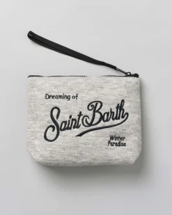 Pochette Aline grigia in tessuto a effetto lana con logo nero ricamato fronte e retro