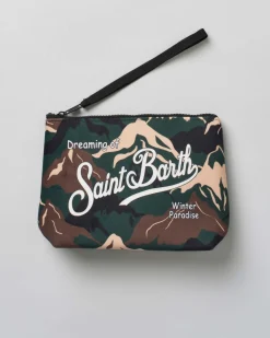 Pochette Aline in tessuto effetto lana a fantasia montagne camouflage con logo bianco
